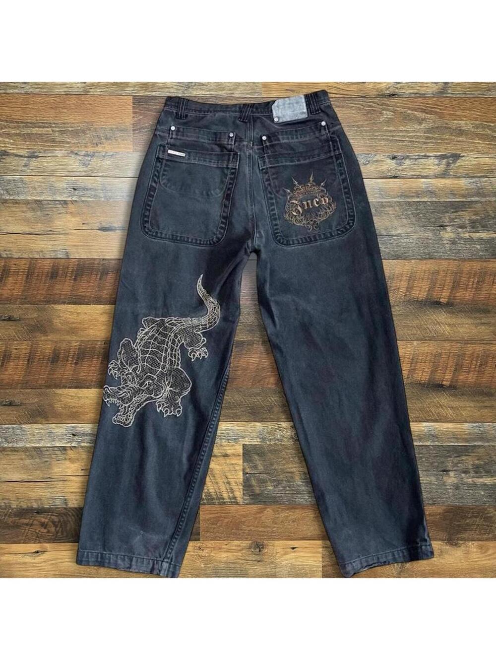 Rare JNCO Jeans Crocodile Embroidered Pants Size 30x29 Gold Crown.
